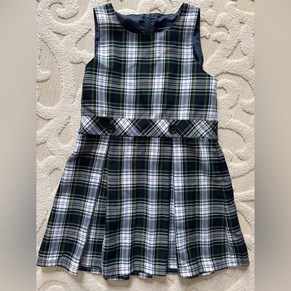 Lands End Girls school uniform jumper dress white plaid pleated size 7/8